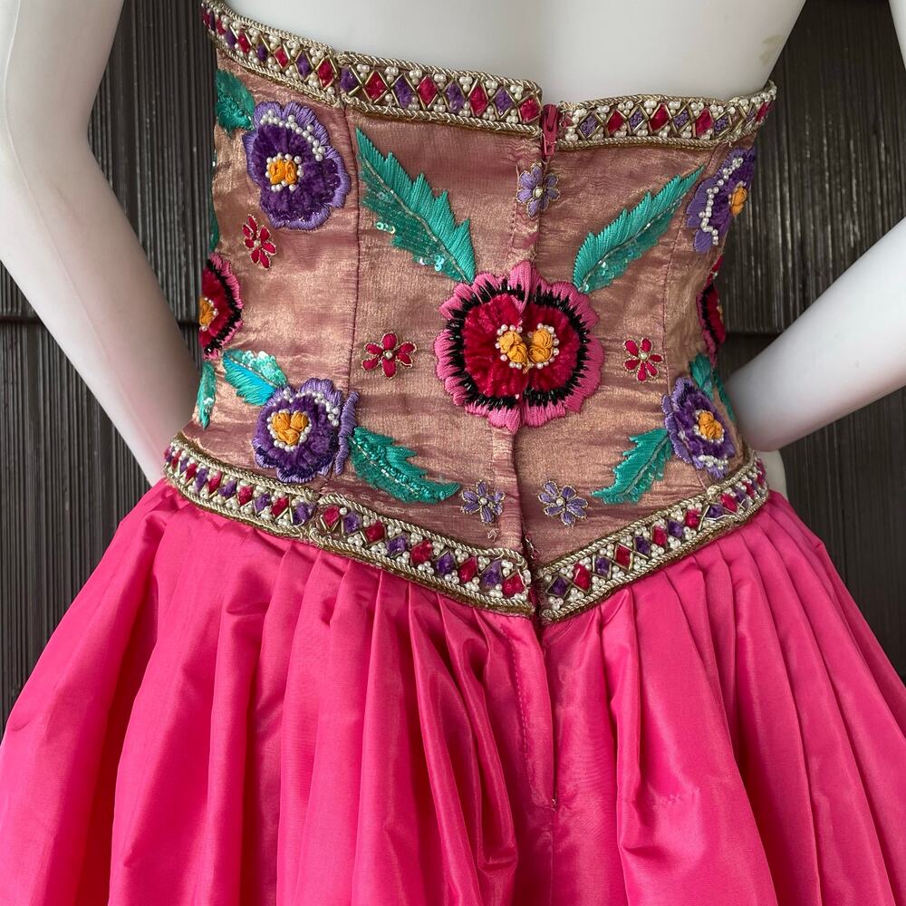 🔥80s Victor Costa Sequin Embroider Strapless Barbiecore Taffeta Pink Ball Gown - Picture 9 of 17